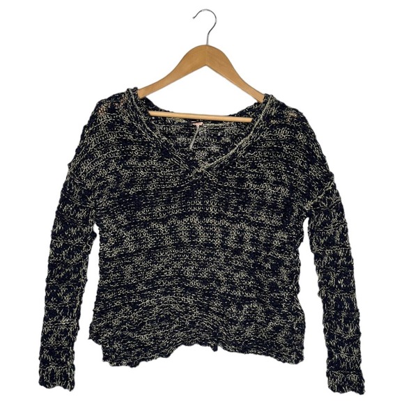 Free People Sweater Womens S High Low Open Knit V Neck Linen Cotton Blue Cream - Picture 1 of 15